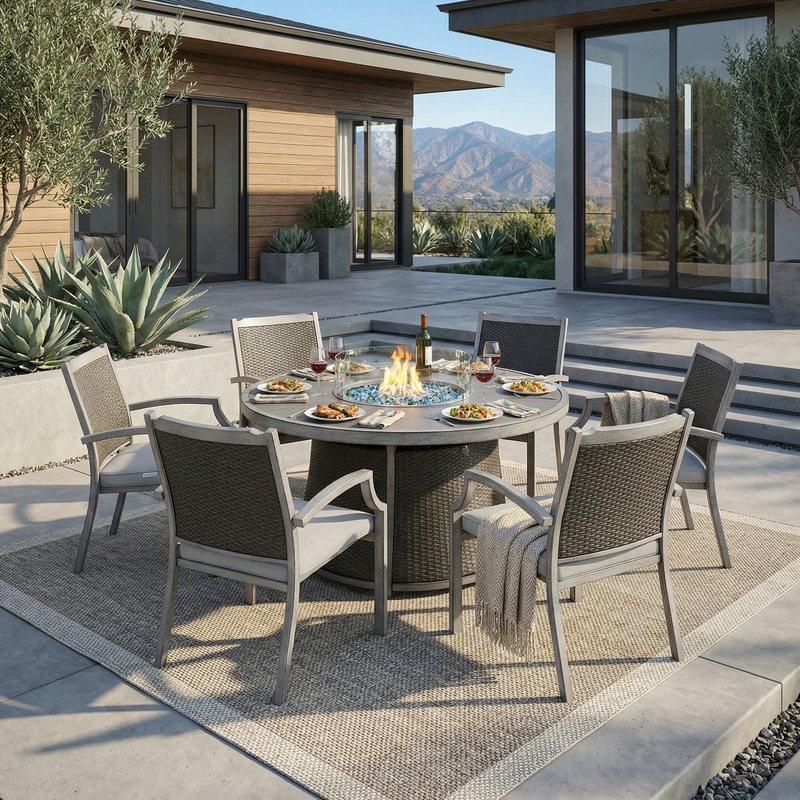 Ashton 7PC Round Fire Pit Dining Table Set