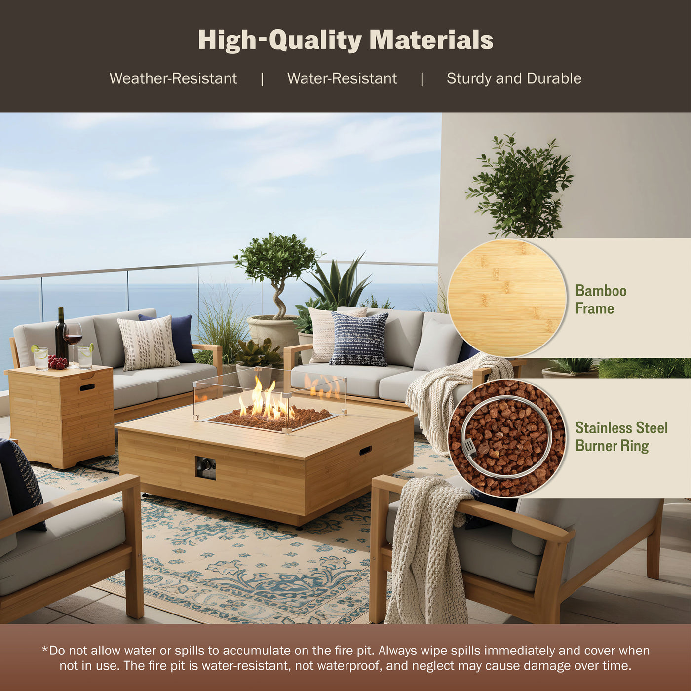 Harmony 43-Inch Bamboo Fire Pit Coffee Table & Side Table Set