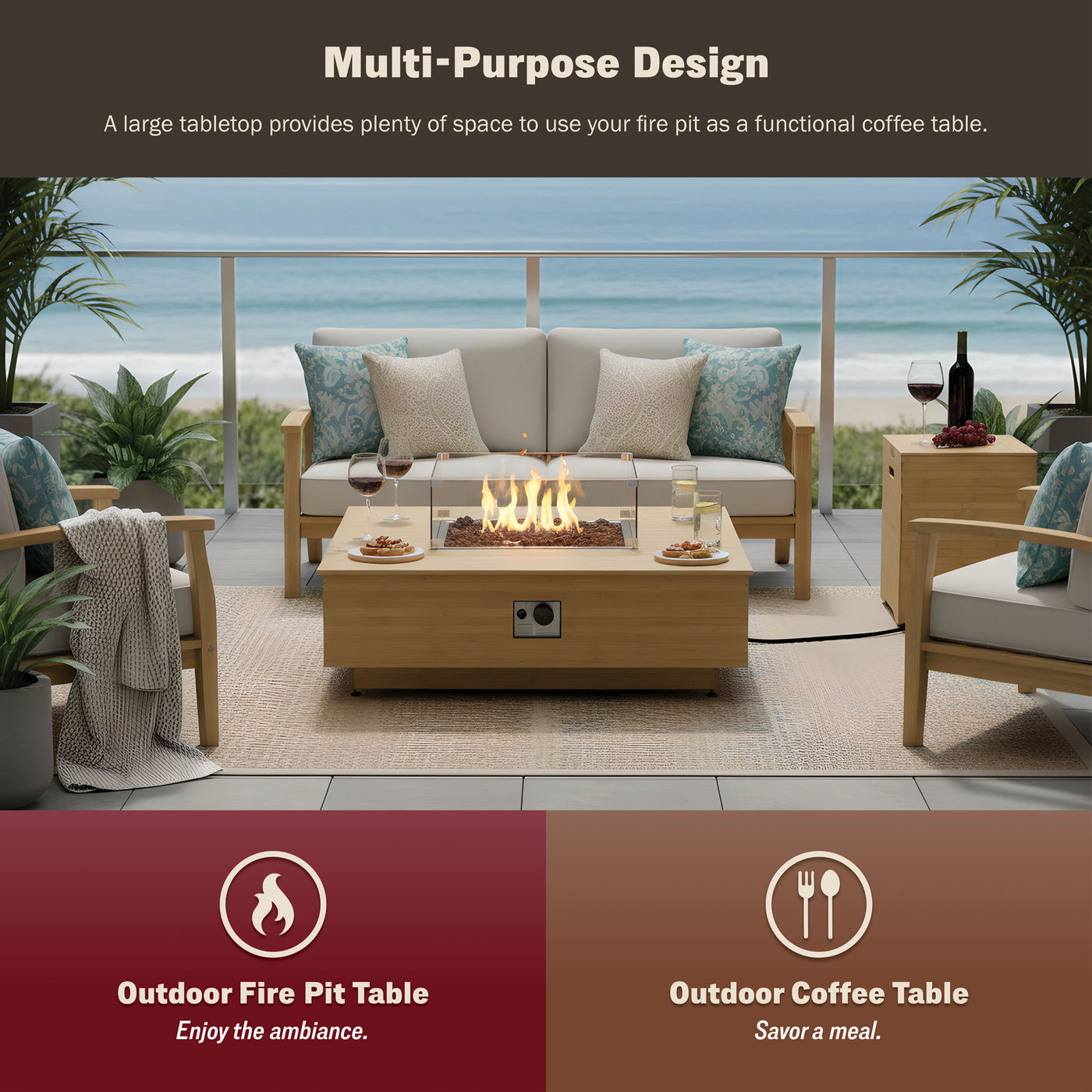 Harmony 43-Inch Bamboo Fire Pit Coffee Table & Side Table Set