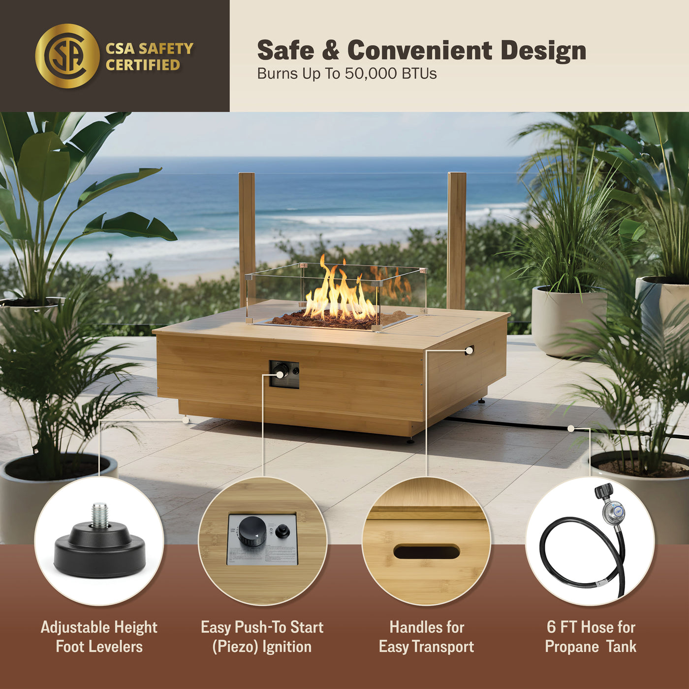Harmony 43-Inch Bamboo Fire Pit Coffee Table & Side Table Set