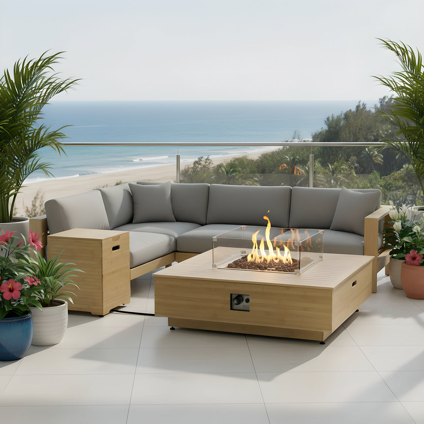 Harmony 43-Inch Bamboo Fire Pit Coffee Table & Side Table Set