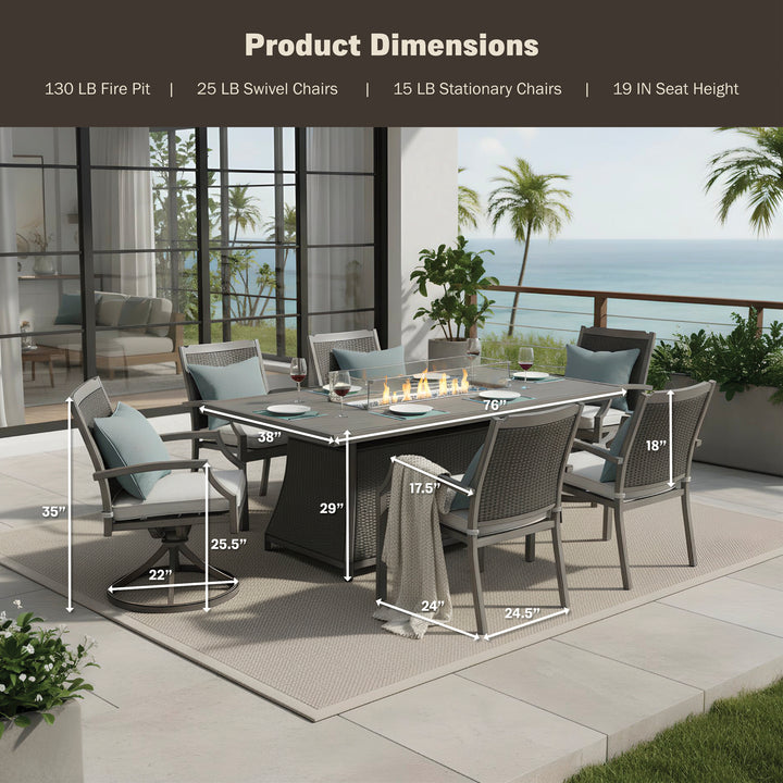 Kinger Home Isla 7-Piece Propane Fire Pit Dining Table Set