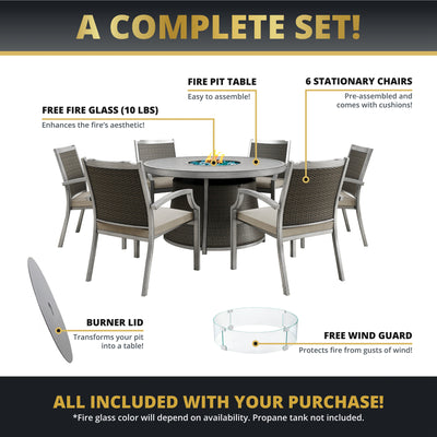 Ashton 7-Piece Round Outdoor Fire Pit Dining Table Set for Patio