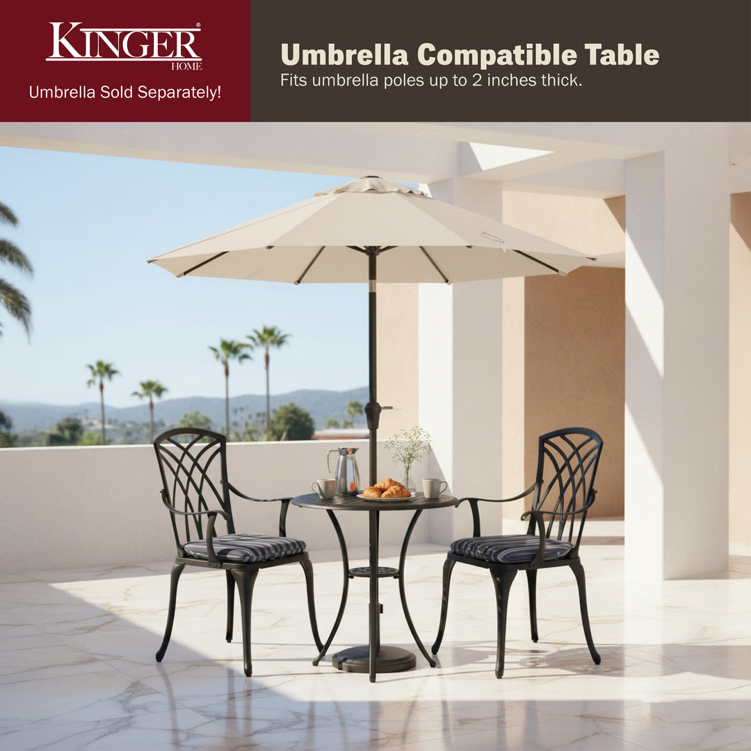 2 piece patio set with umbrella Kinger Home Ekta Black 3-Piece Metal Patio Bistro Table Set with Coastal Stripes Cushions