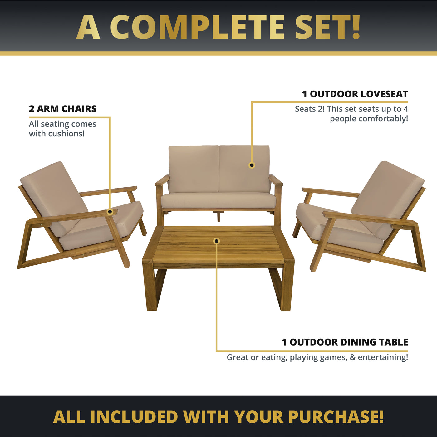 Ezra 4-Piece Teakwood Deep Seating Patio Set
