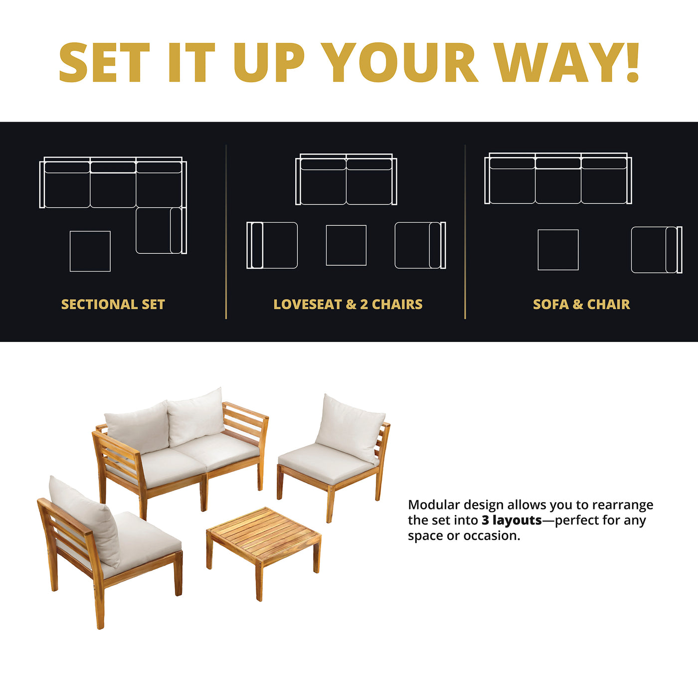 Trena 5-Piece Acacia Modular Patio Sectional Set