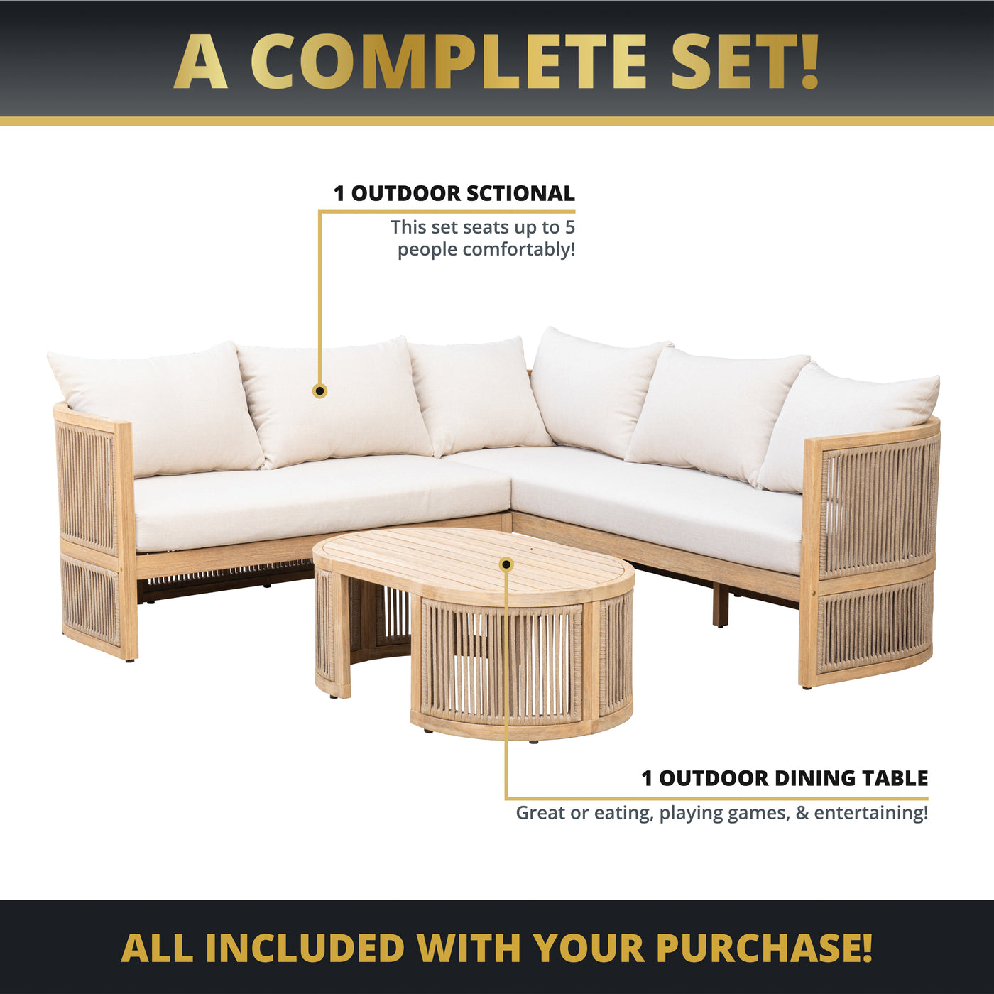Nancy 3-Piece Acacia Rounded Sectional Set