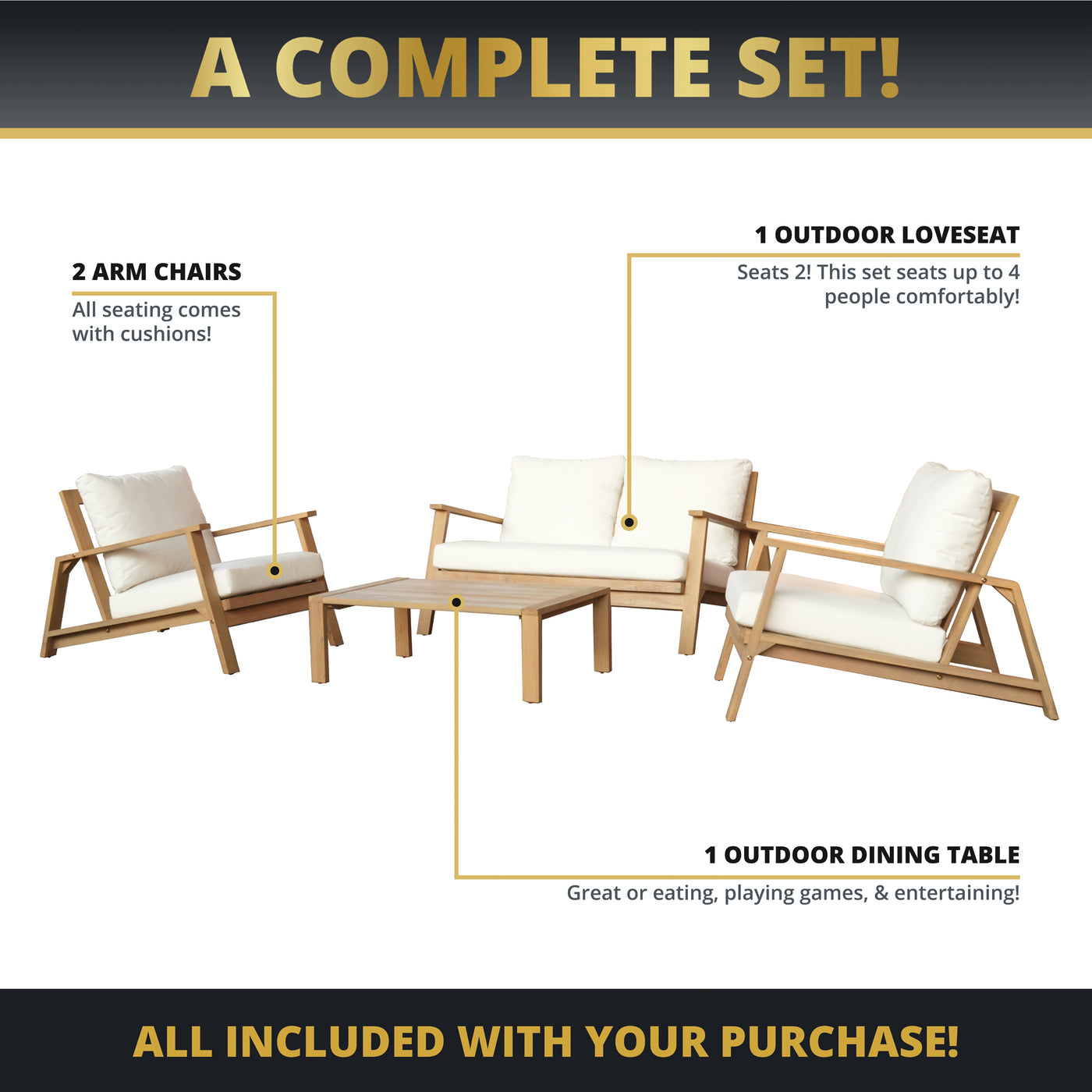 Ciera 4-Piece Acacia Deep Seating Patio Set