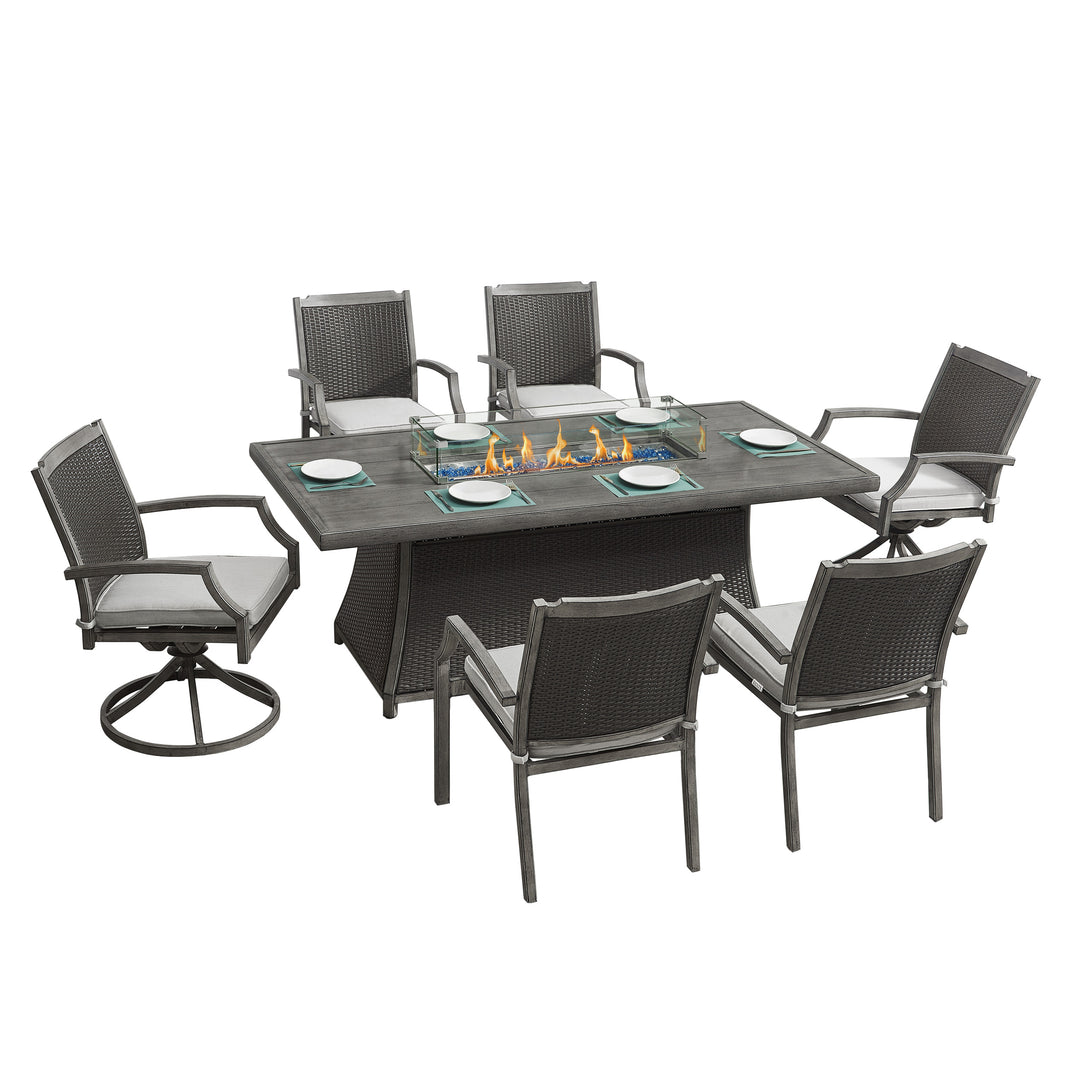 Kinger Home Isla 7-Piece Propane Fire Pit Dining Table Set