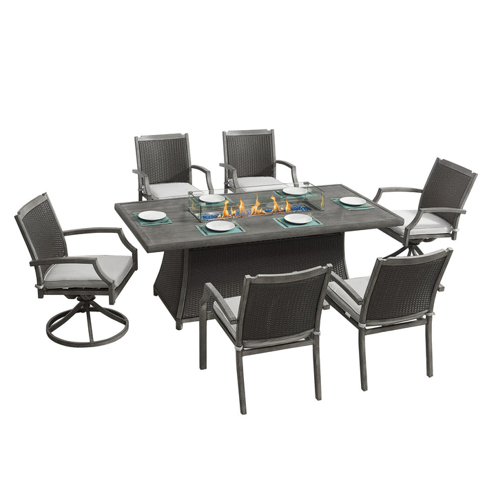 Kinger Home Isla 7-Piece Propane Fire Pit Dining Table Set